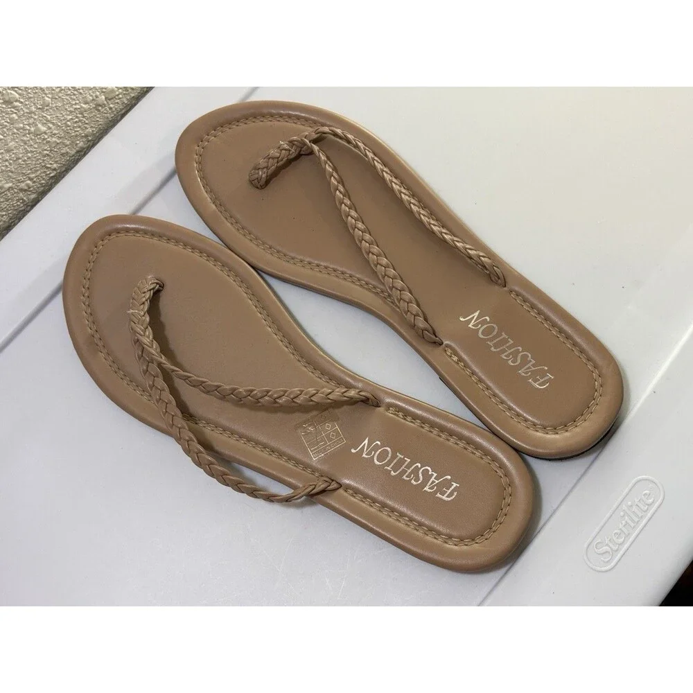 Brown Braided Straps Flat Flip Flops Fashion Sandals Boho Cottagecore Size 11